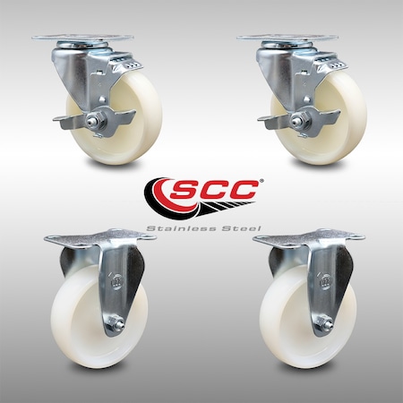 Service Caster 4 Inch SS Nylon Wheel Swivel Top Plate Caster Set with 2 Brake 2 Rigid SCC SCC-SS20S414-NYS-TLB-2-R-2